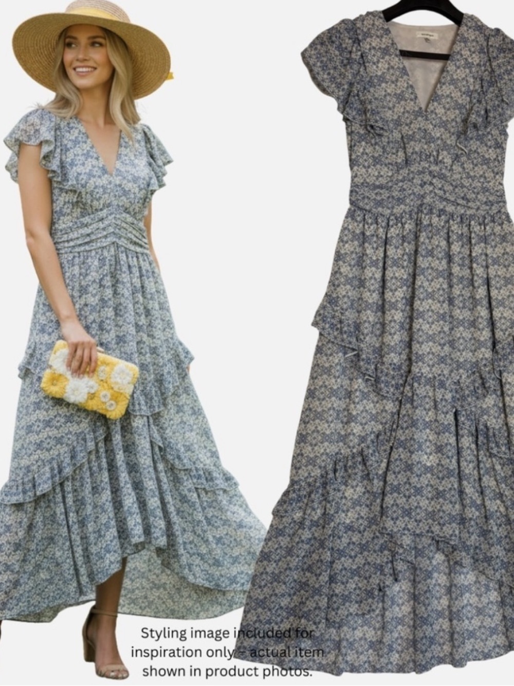 Blue & White Floral Maxi Style Dress Tiered Skirt Flutter Sleeve Ruffles Wedding